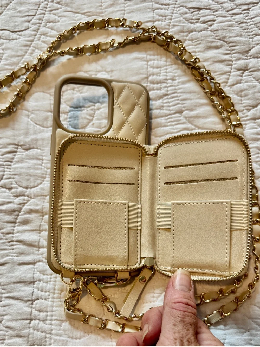 Beige Quilted Crossbody Phone Case with Gold Chain